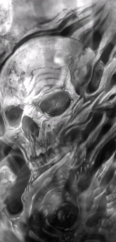 Ghostly skull with smoke effects monochrome wallpaper.