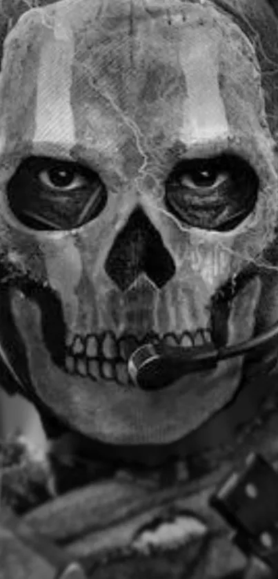 Ghostly skull with headset in monochrome design for mobile wallpaper.