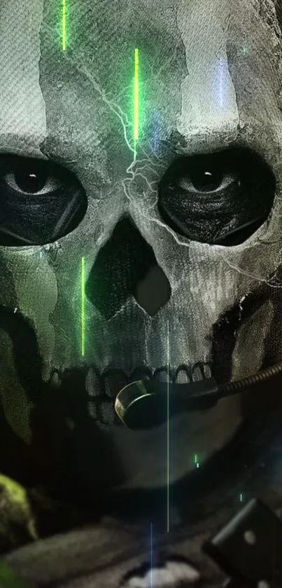 Ghostly skull design with neon lights on a mobile wallpaper.