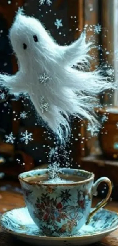 Ghost rises from teacup with snowflakes.