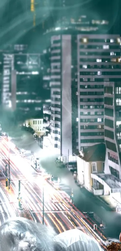 Ethereal urban nightscape with ghostly mist and city lights.