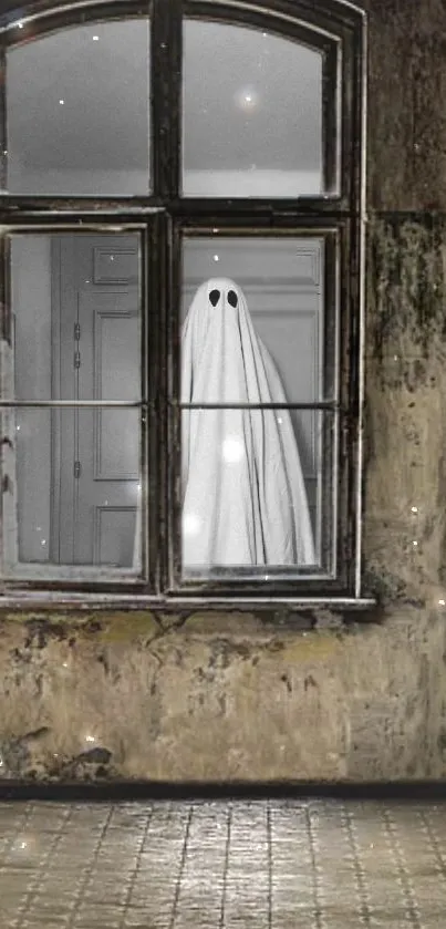 Ghostly figure peering through window in a vintage, eerie setting.