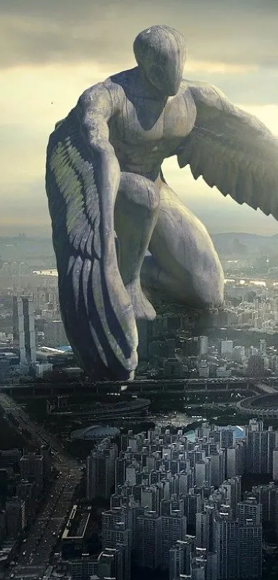 Giant angel hovering over a city skyline at dusk.