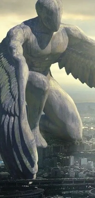 Giant angel statue overlooking a modern cityscape, blending fantasy with urbanity.