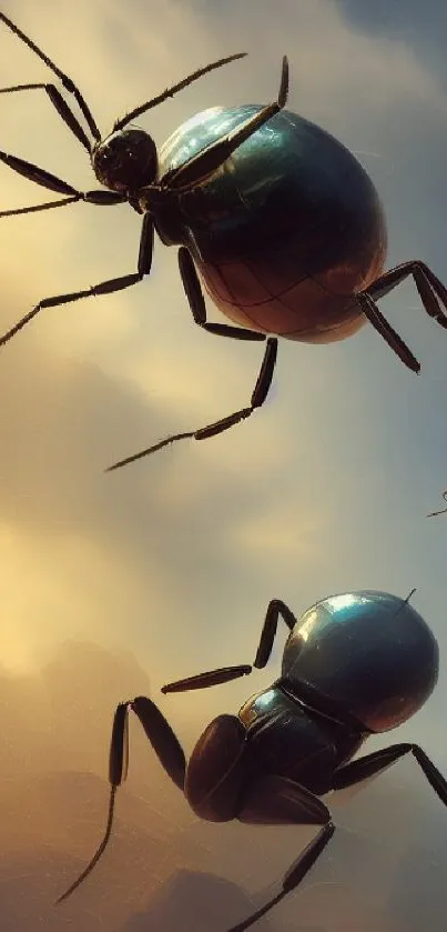 Giant ants crawling across a golden sky in a surreal fantasy wallpaper.