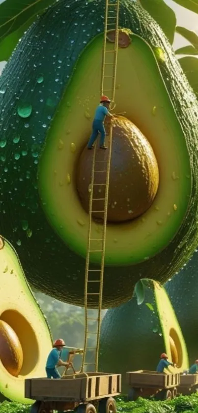 Fantasy art of giant avocados with tiny workers climbing them.