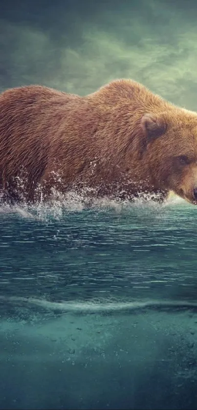 Surreal wallpaper with giant bear and man climbing ladder in water scene.