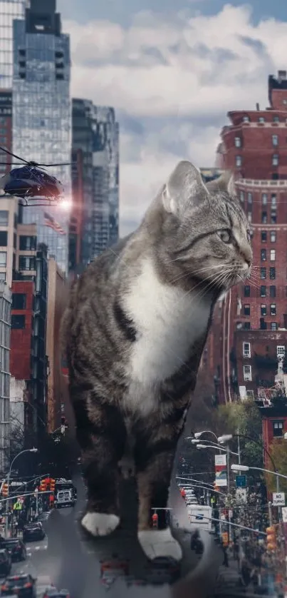 Giant cat towers over city street with urban skyline.