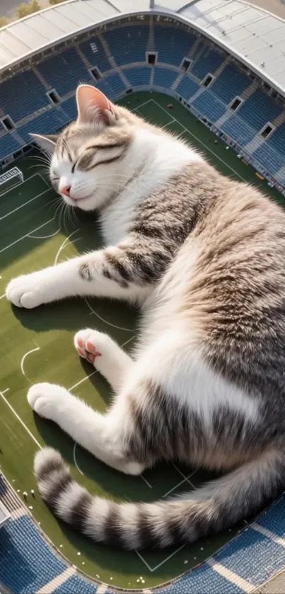 A giant cat sleeping on a football field in a stadium.