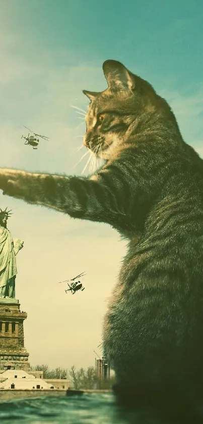 Giant cat with Statue of Liberty and city in the background.