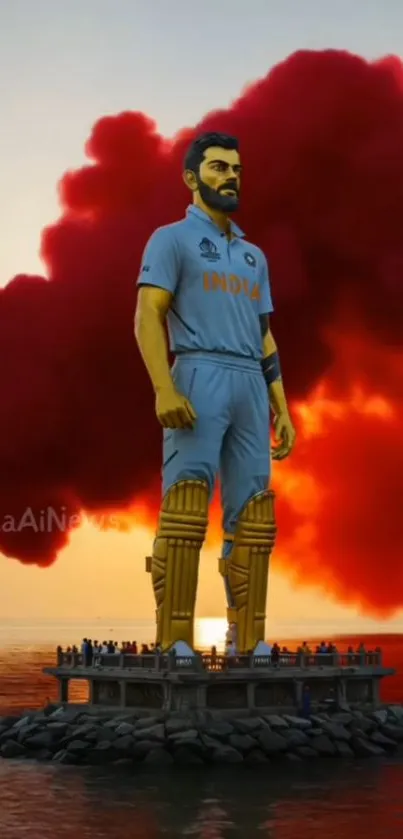 Giant cricketer sculpture at sunset with red sky.