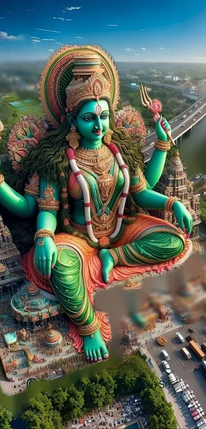 Majestic green deity overlooking a temple cityscape with vibrant details.