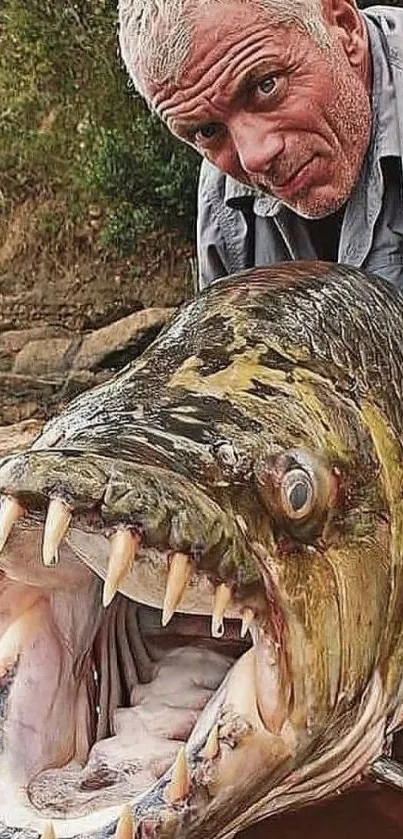 Man holds large fish over water, displaying sharp teeth.