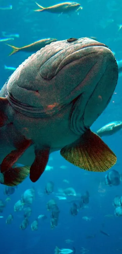 Large fish swims gracefully underwater in a blue ocean setting.