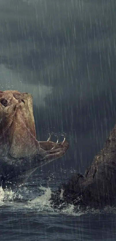 Woman faces giant fish in a stormy ocean fantasy scene.