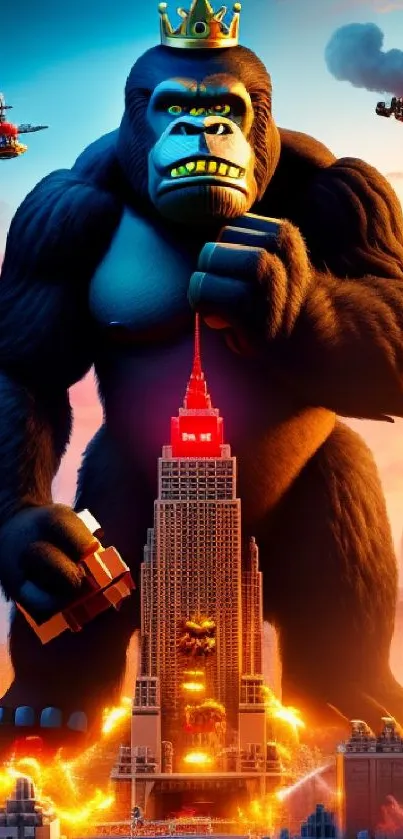 Giant gorilla towering over vibrant cityscape with fiery elements.