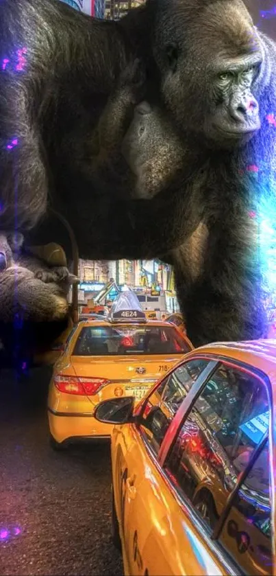 Giant gorilla walks through a city amid taxis and urban lights.