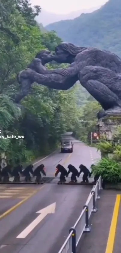 Giant gorilla sculpture over road with lush green backdrop.