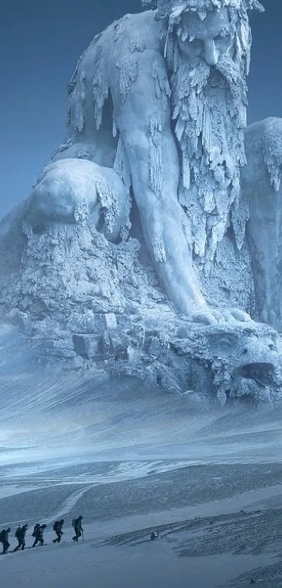 A breathtaking ice giant sculpture towering over hikers in a snowy landscape.