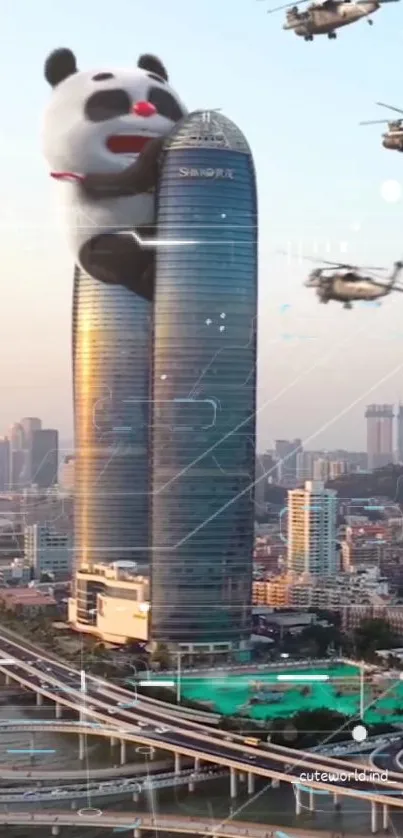 Giant panda climbing city skyscraper with helicopters flying overhead.