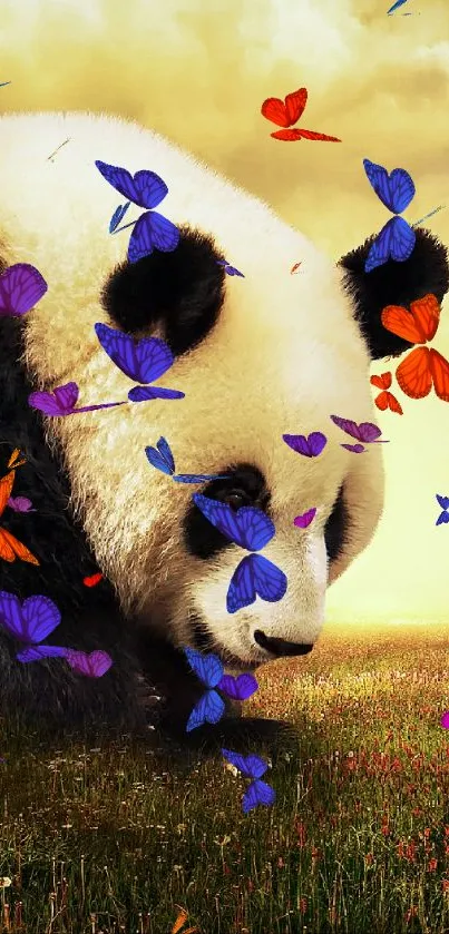 Giant panda and girl in meadow, vibrant wallpaper