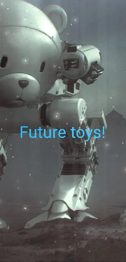 Futuristic landscape with giant robotic teddy and misty atmosphere.