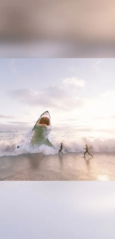 Mobile wallpaper with giant shark leaping at beach, capturing dramatic ocean scene.