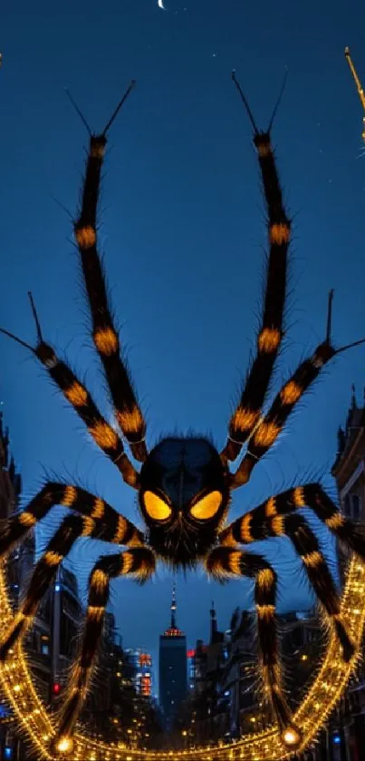 Mobile wallpaper of a giant spider light installation on a city street at night.