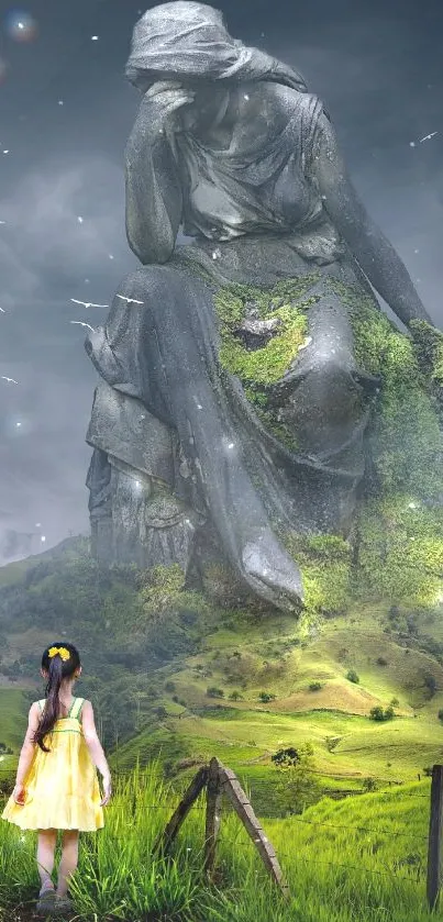 Fantasy landscape with giant stone statue in lush hills.