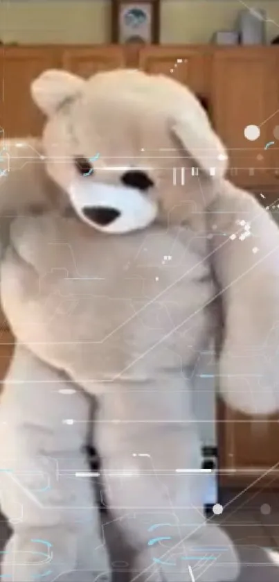 Giant teddy bear dancing in a warm kitchen setting with digital effects.