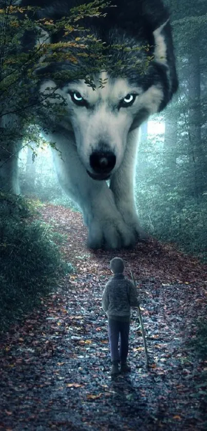 Child on path with giant wolf in mystical forest.