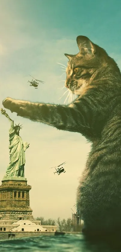 Gigantic cat towering over Statue of Liberty with city view.