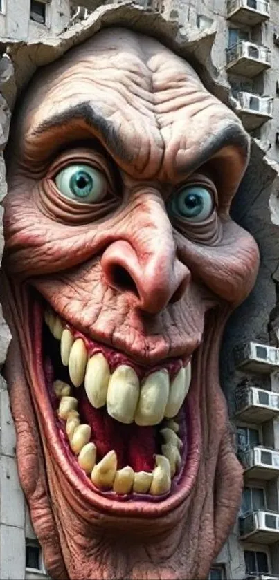 Surreal giant face on a city building facade with expressive eyes.