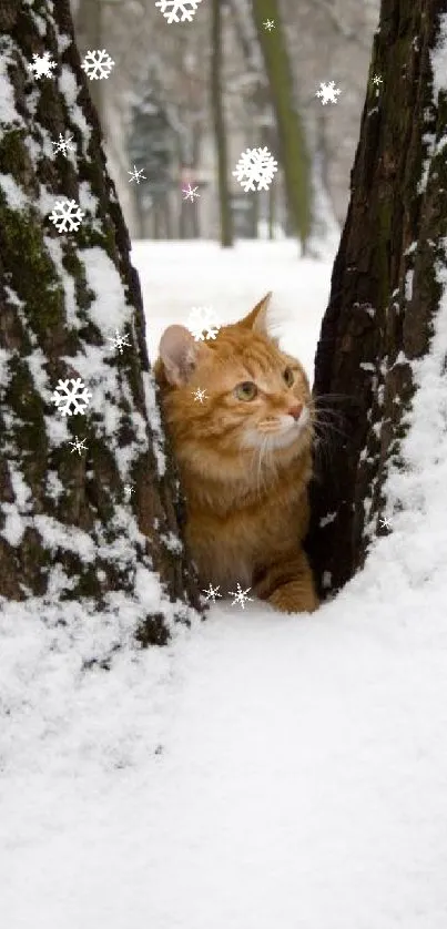 Ginger cat nestled between snow-covered trees, creating a cozy winter scene.