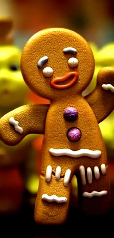 Playful gingerbread character with holiday background.