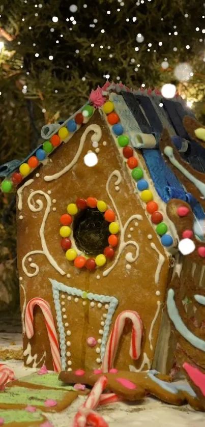 Gingerbread house with holiday lights and festive decorations.