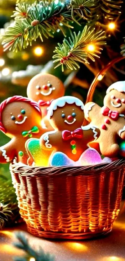 Gingerbread cookies in a basket with holiday lights.