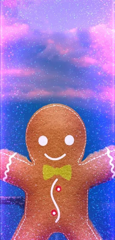 Charming gingerbread man on colorful cosmic background with pink and blue tones.