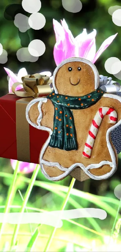 Gingerbread man with gifts and candy cane on a festive green background.