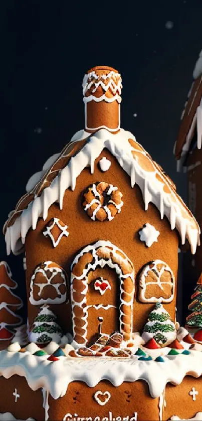 Gingerbread house with icing details and festive holiday decorations.