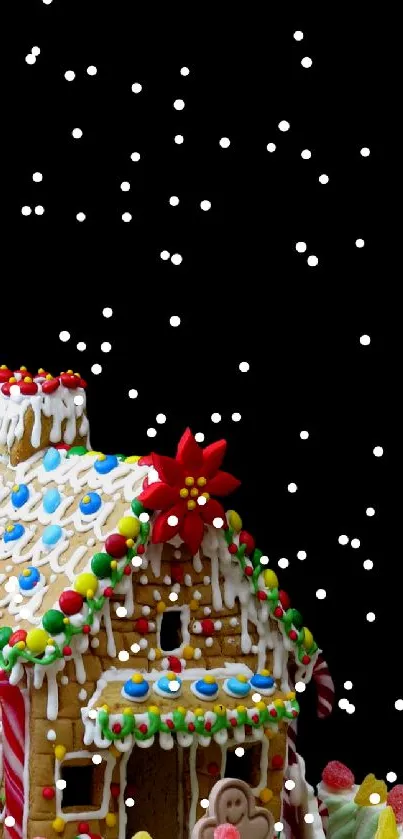 Whimsical gingerbread house surrounded by decorated Christmas trees.