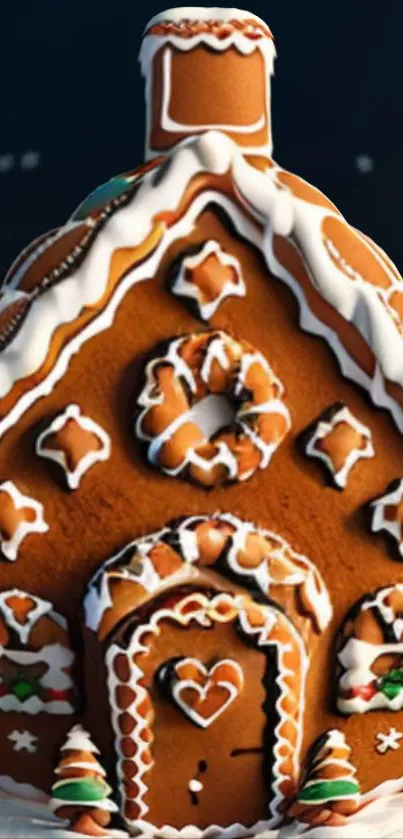 Gingerbread house with icing and festive decorations.