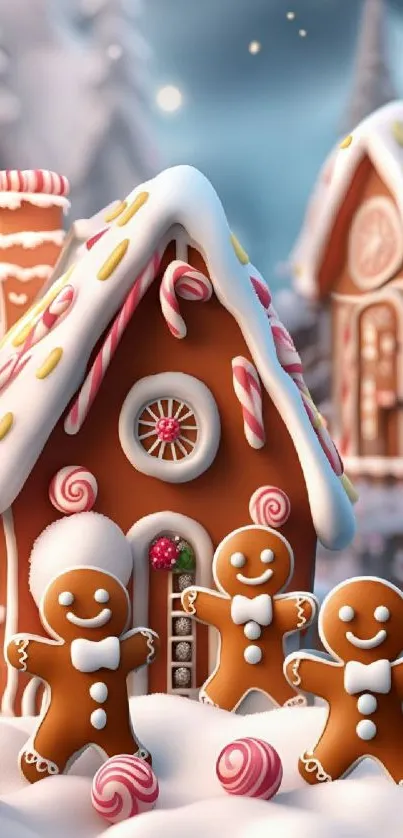 Festive gingerbread house with candy decor in a snowy setting.