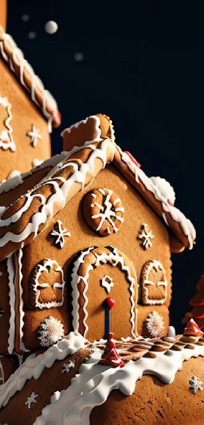 Frosted gingerbread house against dark background, perfect for holiday wallpaper.