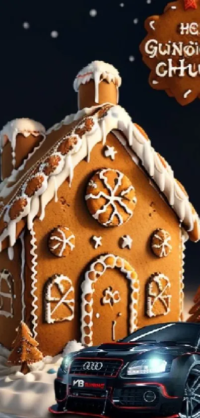 Mobile wallpaper featuring a gingerbread house and a luxury car in holiday setting.