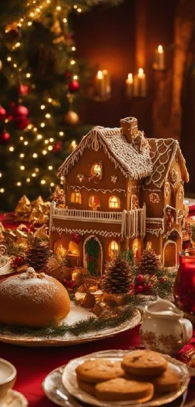 Gingerbread house amidst festive holiday decor.