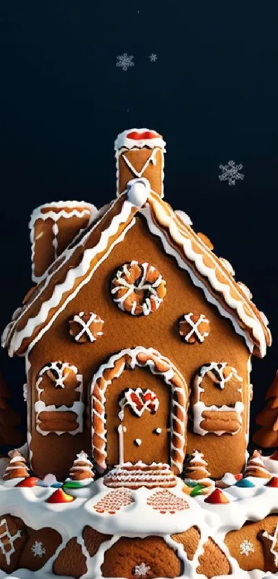 Gingerbread house with holiday decorations and snowflakes on a dark background.