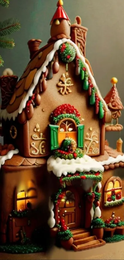 Charming gingerbread house with festive decorations and glowing lights.