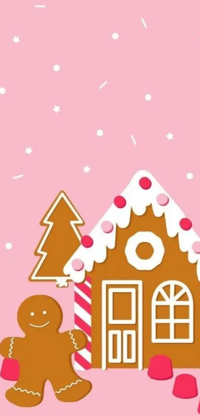 Gingerbread house with pink background and snowflakes.