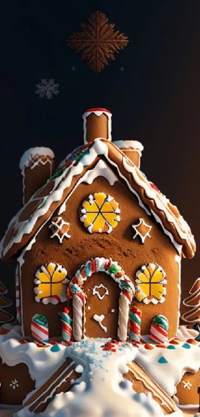 Festive gingerbread house with icing details, perfect for holiday wallpaper.